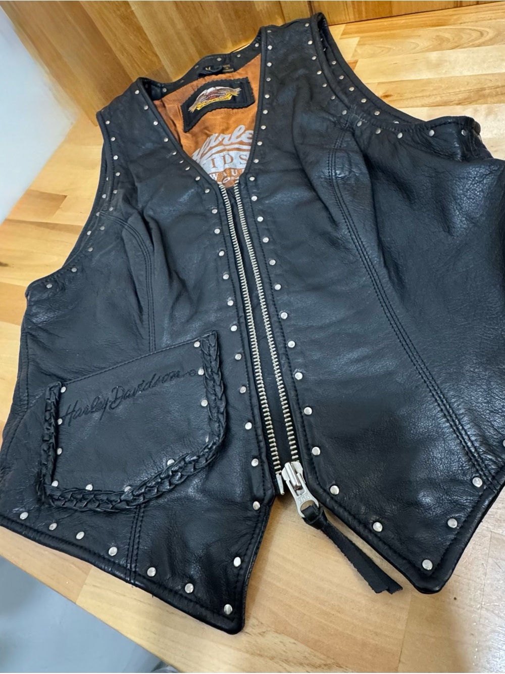 Harley-Davidson Women’s Black Studded Leather Vest with Braided Pocket M